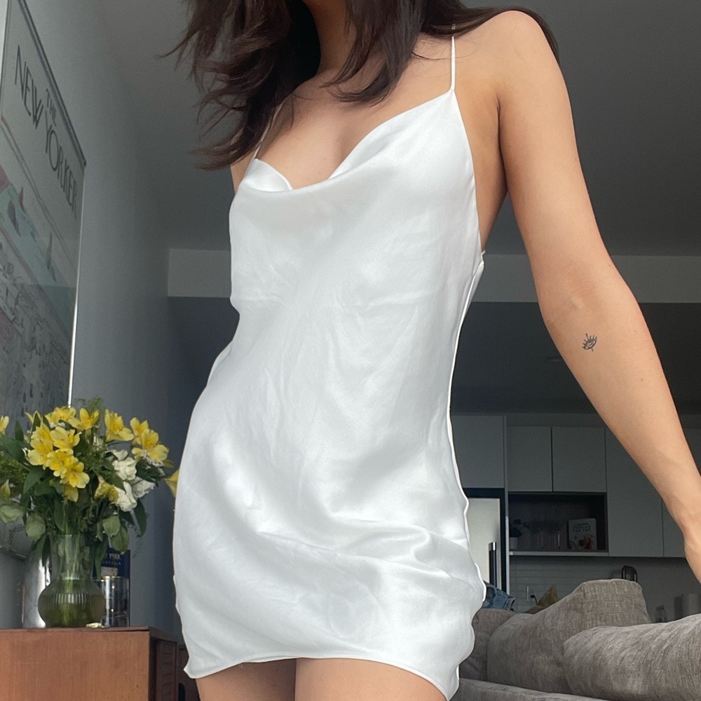 SATIN COWL NECK DRESS IN WHITE